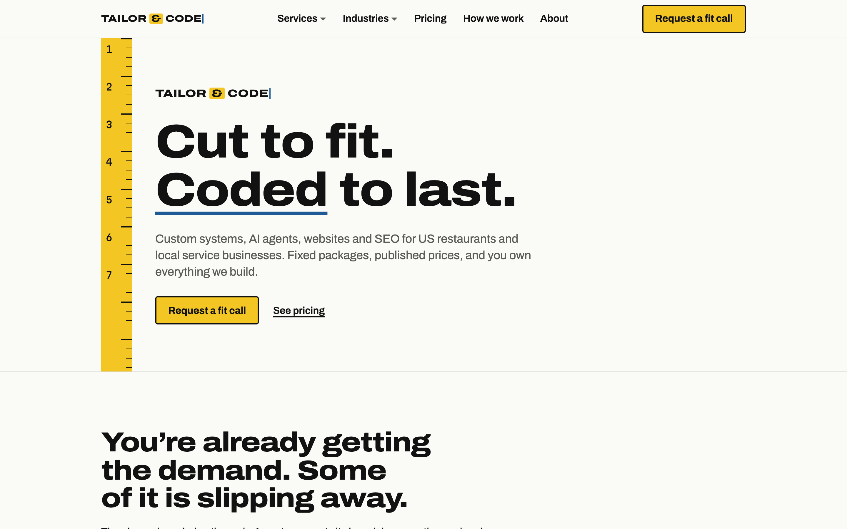 The Tailor & Code website on a desktop screen