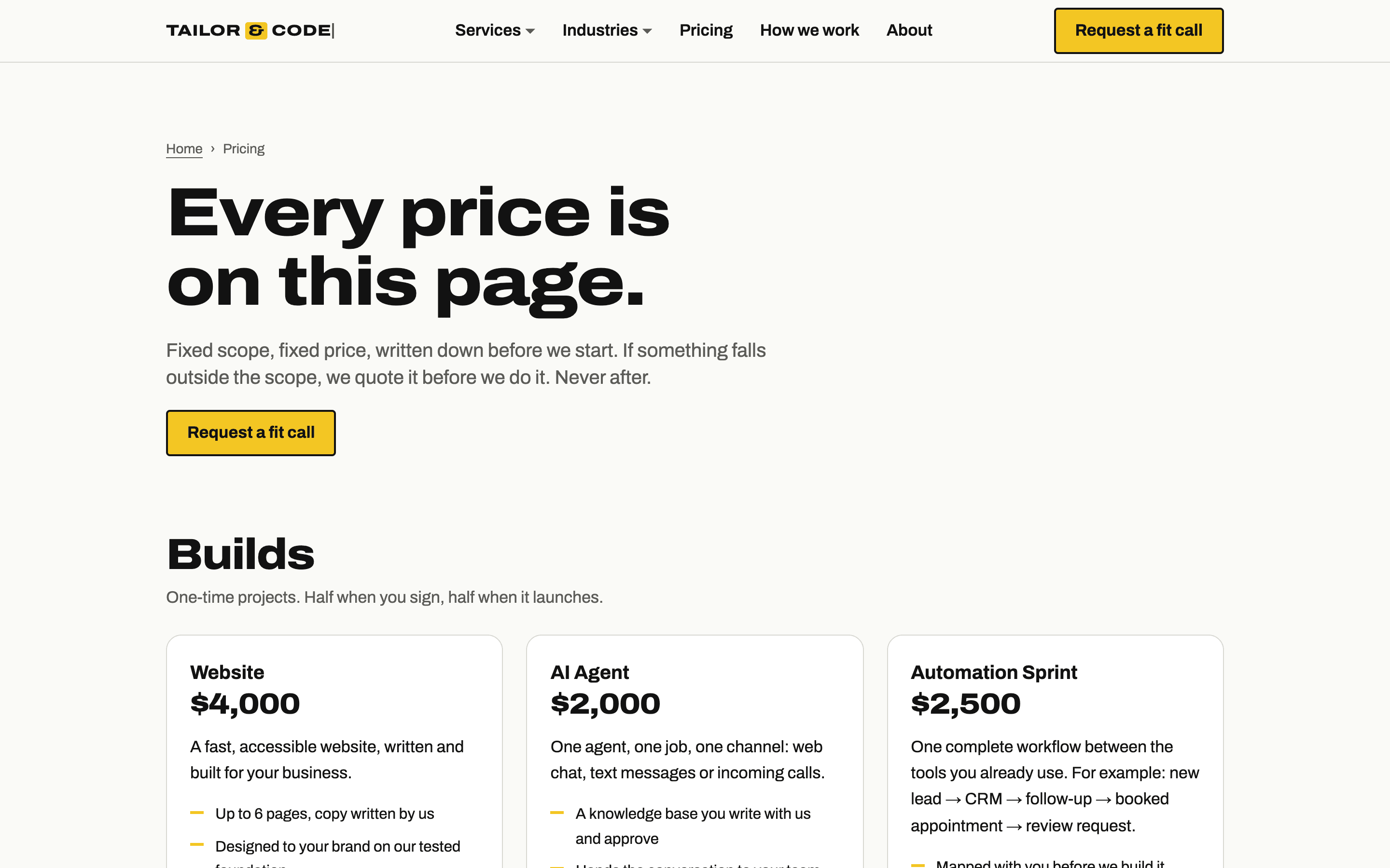 The Tailor & Code pricing page, with every package and its price